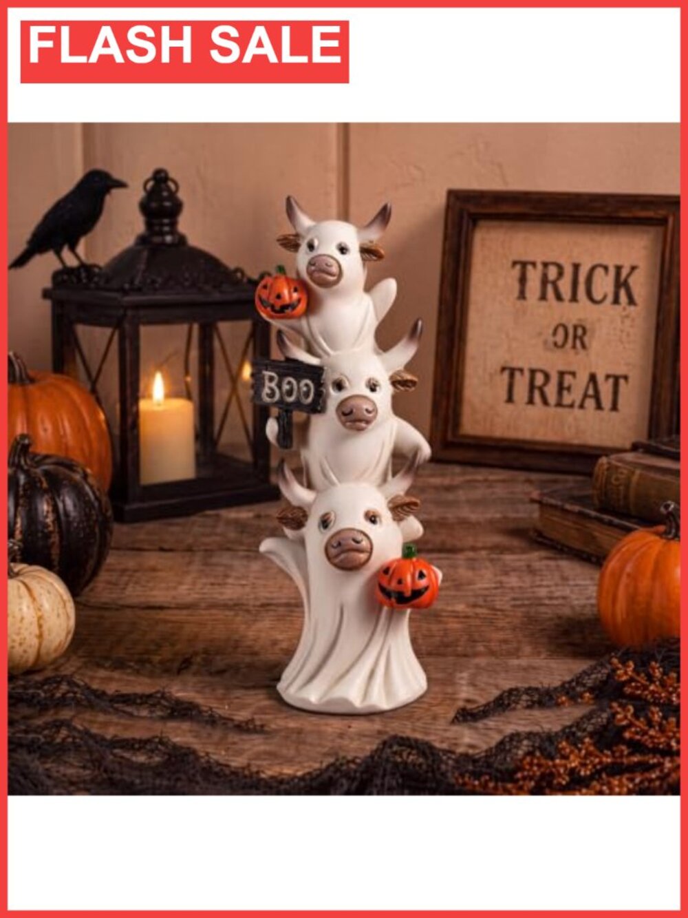Resin Highland Cow Stacked Halloween Figurine 7.9 Inch Pumpkin Decor